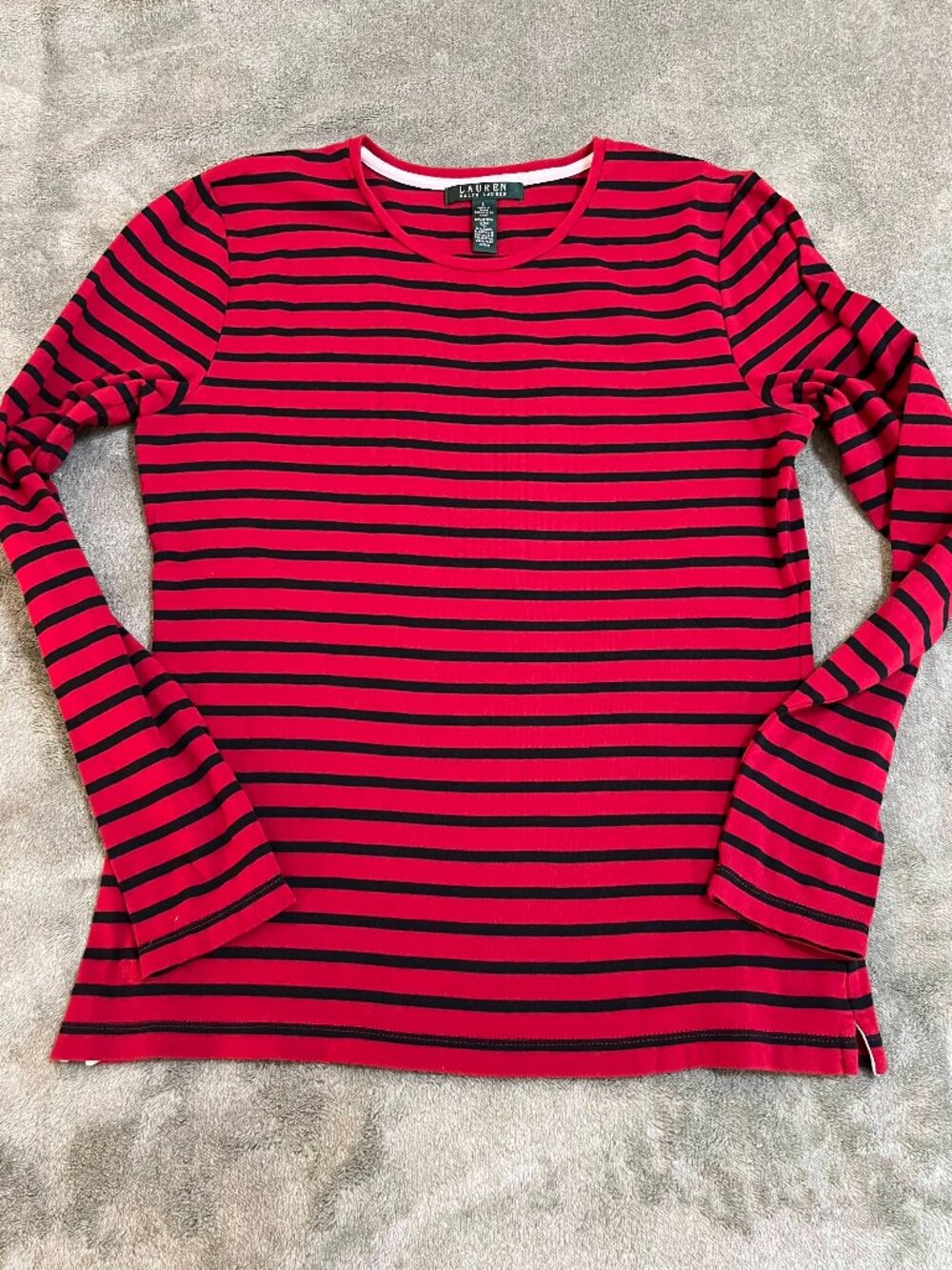 Lauren Ralph Lauren Red Black Stripe Crew Long Sleeve Top L Cotton Blend Stretch